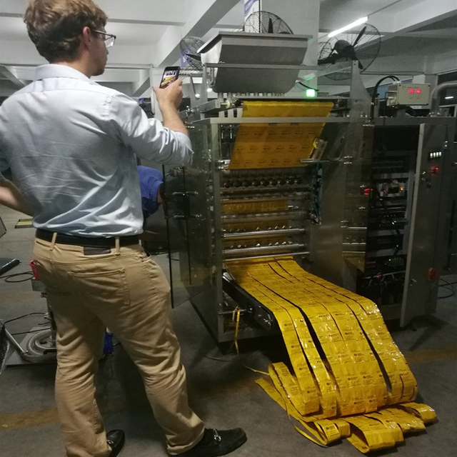 Client de Brésil visitant et vérifiant la machine à emballer de sachet dans l'usine